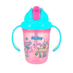 Nuby 2-Handle No-Spill Flip-it Fat Straw Printed Cup - 8oz/ 240 ml, 12+ Months, 1pk roller skating puppies print