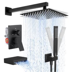 KES Shower System with Tub Spout, Matte Black Shower Faucet Set Complete 10 Inch Rain Shower Head with Handheld Spray and Waterfall Bathtub, cUPC Pressure Balance Shower Valve Trim Kit, XB6305F18-BK