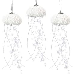 Namalu 3 Pcs Sea Urchin Jellyfish Christmas Ornament Coastal Beaded Beach Theme Holiday Decor Ocean Inspired Hanging Jellyfish Decoration with Crystal and Ribbon (White)