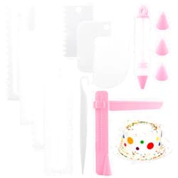 CALIDAKA Cake Scraper Set of 14pcs,Decorating Plastic Sawtooth Comb Mousse Butter Cream Cake Edge Tools Plastic Sawtooth Cake Icing Smoother Kitchen Baking Cake Edge DIY Tool(Pink)