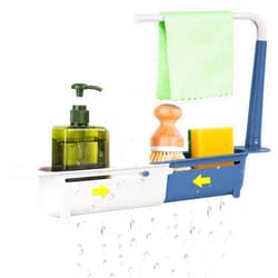 NiHome Telescopic Kitchen Sink Organizer with Towel Hanger and Expandable Drain Basket - Adjustable Length Multifunctional Caddy for Home and Bathroom Storage (Blue/White)