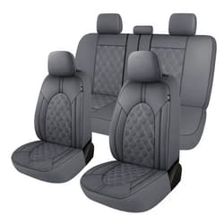 CAROMOP Luxury PU Leather Car Seat Covers Full Set-Waterproof Seat Protectors with Split Bench Seat Covers for Cars-Universal Cars Interior Covers for Sedans, SUVs, Pick-up Trucks(Gray/Gray Line)