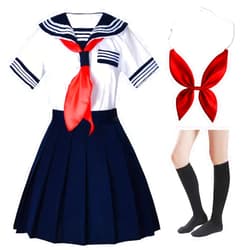 Elibelle Japanese School Girls Short Sleeve Uniform Sailor Navy Blue Pleated Skirt Anime Cosplay Costumes with Socks set