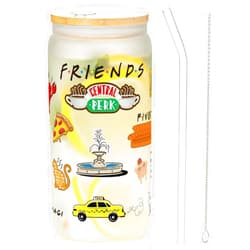 PuGez Friends Glass Cup with Lid and Straw, Friends TV Show Merchandise, Friends Gifts for Fans, Friends TV Show Gifts, Friends Merchandise Gifts, 16 Oz Friends Can Glass Drinking Glasses