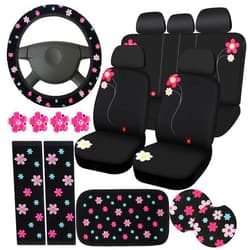 BBTO 19 Pcs Embroidery Cute Car Accessories Set Include Seat Covers, Steering Wheel Cover, Air Vent Clips, Cup Mats, Center Console Pad, Seat Belt Cover for Women Car Decor(Flower)