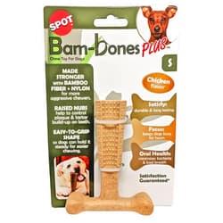 SPOT Bam-Bones Plus T Bone - Bamboo Fiber & Nylon, Durable Long Lasting Dog Chew for Aggressive Chewers – Great Toy forAdult Dogs & Teething Puppies Under 30lbs, Non-Splintering, 4in, Chicken Flavor