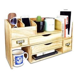 Ikee Design Large Extendable Wooden Desktop Organizer for Office Supplies, Storage Shelf Rack Book Shelf, Stationary Compartment Holder, Back to School, 17 1/4 W x 7 1/2 D x 12 H in