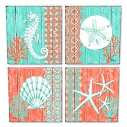 Gango Home Décor 4 Lovely Teal and Coral Ocean Seashell Sand Dollar Seahorse Star Fish Collage; Nautical Decor; Four 8x8 Inch Mounted Prints; Ready to hang!