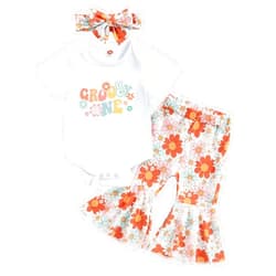Lamuusaa Toddler Baby Girl Birthday Outfit Groovy One/Two Groovy Romper Shirts Flower Bell Bottoms Headband Boho Clothes