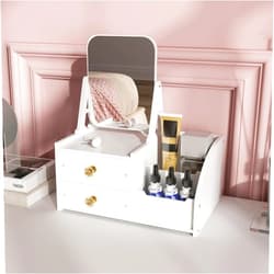 DC DICLASSE Makeup Organizer Drawer with Rotating Mirror, Cosmetic Storage Box with Square Makeup Mirror, Countertop Skincare and Cosmetics Container, Makeup Display Case for Brushes Eyeshadow