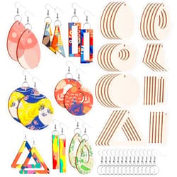 Anjmd 280 Pieces Unfinished Wooden Earrings Blanks Wooden Teardrop/Circle/Triangle/Rectangle Shapes Earrings Pendants Wood Earring Pendant Pieces with 100 Pieces Hooks & 100 Pieces Rings