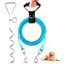 Evilplan Dog Tie Out Cable and Stake,15FT Outside Dog Run Cable Leash&Chain with Hand Strap for Camping and Yard, 16'' Heavy Duty Anti Rust Spiral Stake for Small-Large Dogs Up to 125lbs (Teal, 125lbs 15FT)