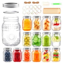 Igoelove 16oz Glass Mason Jars with Embossed Pattern, 15-Pack Pint Canning Jars with Airtight Lids for Fermenting,Overnight Oats,Pickling,Preserving,Ideal for Centerpieces,DIY Crafts,or Wedding Favors