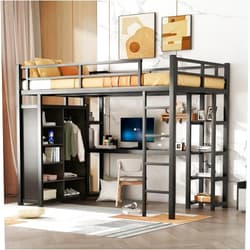KEIKI Metal Loft Bed Full Size with Desk, Shelves, Wardrobe, Guard & Ladder, Black