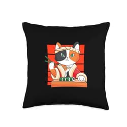 Anime Ramen, Kawaii Geschenke, lustige Sprüche Funny Japan Cat with Sushi Red Background Otaku, Manga Throw Pillow, 16x16, Multicolor