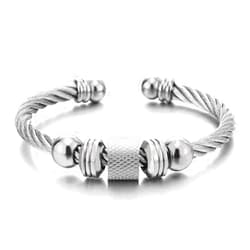 COOLSTEELANDBEYOND Steel Twisted Cable Cuff Bangle Bracelet for Men Women with Beads Charms, Polished Adjustable