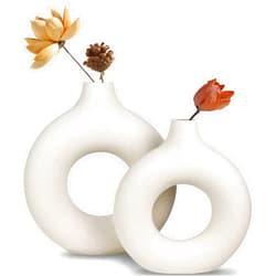 HASA zone 2pack White Ceramic Vase for Modern Home Decor, Hollow Round Vase Donut Vase Matte Pampas Flower Vases, Minimalist Boho Decor Vase for Wedding Dinner Table Party Living Room Office Bedroom