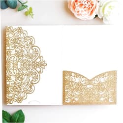 Hosmsua 50PCS Gold Glitter Laser Cut Lace Flora Invitation Pocket, 5.12 x 7.2 Laser Cut Wedding Invitation Pockets with Envelopes for Wedding Bridal Shower Engagement Invite (No Inner Sheet)