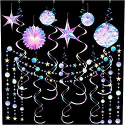 Ganory 29 Pieces Iridescent Holographic Party Supplies Kit with Hanging Honeycomb Ball Decorative Paper Fan Snowflake Garlands White Star Hanging Swirl Decorations for Birthday Wedding Party Home