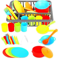 Playkidiz Kids Play Dishes with Drainer - 27PC Tableware & Pretend Kitchen Accessories, Plastic Play Set - Durable and Colourful for Children Ages 3+