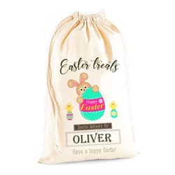 TULLUN Personalized Custom Made Easter Rabbit Bunny Cotton Gift Sack Bag Extra Large (75 x 49 cm 38 litres) with Drawstring for Holiday Presents and Egg Hunt - Happy Easter
