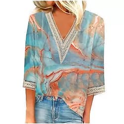 Bawilom Womens Marble Print Tops 3/4 Sleeve Boho Blouse Dressy Casual Lace Crochet V Neck Shirt Loose Trendy Ladies Clothing Small Gold