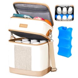 Mancro Breastmilk Cooler Bag with Ice Pack, Double Layer Insulated Baby Bottles Bag Fits 6 Bottles Up to 9 Ounces, Portable Breast Pump Cooler Travel Bag for Daycare and Nursing Moms, Beige