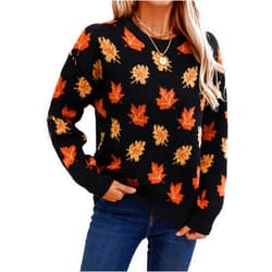 DMHBHZH Fall Sweaters for Women 2024, Long Sleeve Loose Casual Maple Leaf Print Crewneck Knit Pullover Top