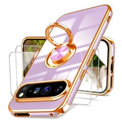 Dretal for Google Pixel 9 Case,Pixel 9 Pro Case with 2X Screen Protector, 360° Rotatable Ring Holder Magnetic Kickstand,Plated Gold Edge Slim Soft TPU Protective Cover for Google 9 (Purple)