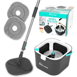 Simpli-Magic Spin Mop and Bucket System, Includes Square Spin, Dual Compartment Mop Bucket and 3 Thick Machine Washable Pads