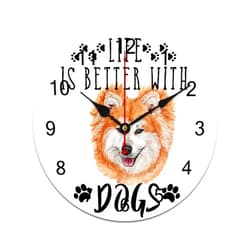 WengBeauty Cute Animal Akita Dog Wall Clock 12 Inch, Live is Better with Dogs Art Wall Clocks Battery Operated Non Ticking Silent Wall Clock Decorative for Akita Dog Lovers