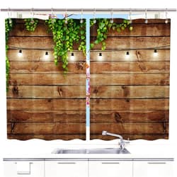 DYNH Vintage Wooden Board Kitchen Curtain, Green Leaves on Wood Window Curtain Panels, Waterproof Kitchen Curtains Drapes 10PCS Hooks 55X39 in Valance