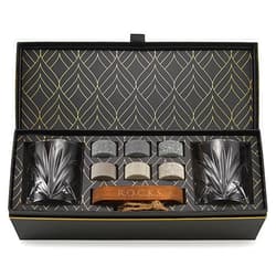 ROCKS WHISKEY CHILLING STONES Whiskey Chilling Stones Gift Set - 6 Handcrafted Premium Granite Round Sipping Rocks - 2 Heavy Bourbon Glasses - Hardwood Presentation & Storage Tray - Elegant Gold Foil Gift Box by R.O.C.K.S.