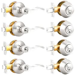 Probrico 4 Pack Keyed Alike Entry Handlset with Single Cylinder Deadbolts Combo Pack, Satin Nickel Door Lever for Front and Entrance Door, Interior and Exterior Entry Door Knobs Brushed Nickel