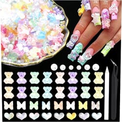 RODAKY 660Pcs 3D Bear Nail Charms and Flatback Pearls,Mix Cute Aurora Heart Bow Nail Charms for Acrylic Nail Supplies Design,White Half Pearls for Nail Jewelry DIY Crafts Nail Art Decoration Accessories