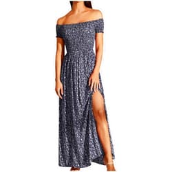 Generic for Women Short Sleeve Cold Shoulder Floral Maxi Long Formal Boho Pleated Slit Dresses Homecoming Dresses Women