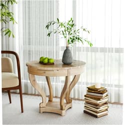 HESIEU Farmhouse Style Small Round Dining Table End Table Side Table Coffee Table Natural Wood Distress Comes with Two Storage Drawers Sleeps 2 for Kitchen, Dining Room or Living Room