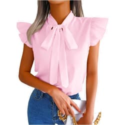 Rooscier Women's Bow Tie Neck Ruffle Cap Sleeve Elegant Office Blouse Shirt Tops