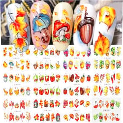 BSBTBZ 12Pcs Maple Leaf Nail Stickers Fall Nail Art Water Decals Chili Mushroom Sunflower Pumpkin Ladybug Pine Cones Design Sliders Transfer Foils Autumn for Women Nails Thanksgiving Day Manicure Decorations