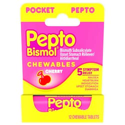 Pepto Bismol Cherry Chewable Tablets, Pocket To-Go, Upset Stomach Relief, Nausea Relief, Heartburn Relief, Indigestion Relief, Anti Diarrhea Medication for Adults - 5 Symptom Relief, 12 ct