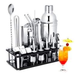 KINGROW Cocktail Shaker Set, 23-Piece Stainless Steel Bartender Kit with Acrylic Stand & Cocktail Recipes Booklet, Professional Bar Tools for Drink Mixing, Home, Bar, Party (Include 4 Whiskey Stones)
