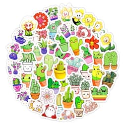 BulbaCraft 60 Pcs Kawaii Cactus Stickers for Kids, Teens and Adults - Cute Flowers Stickers for Water Bottles – Kawaii Stickers for Girls and Boys - Cute Japanese Childrens Window Stickers