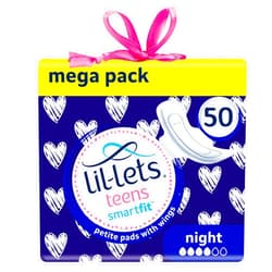 Lil-Lets Teens Night Pads with Wings - 50 Count Period Pads - Thin, Super Absorbent Sanitary Napkins, Soft & Breathable, Fragrance Free - First Periods, Heavy Flow Nights