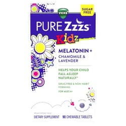 VICKS PureZzzs Kidz, Melatonin Sleep Aid Chewable Tablets for Kids and Children, Helps Your Child Fall Asleep Naturally, Low Dose Melatonin, Drug-Free & Non-Habit Forming, Berry Flavored, 90ct