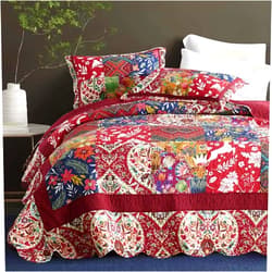 Camandy Cotton Bedspread Quilt Bedding Sets 3 Pieces Reversible Coverlet Sets Comforters Gorgeous Paisley Floral Patchwork Red Bedspread, King Size