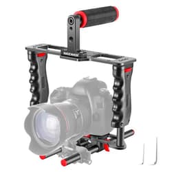 NEEWER Camera Video Cage Film Movie Making Kit, Aluminum Alloy with Top Handle, Dual Hand Grip, Two 15mm Rods, Compatible with Canon Sony Fujifilm Nikon DSLR Camera and Camcorder (Black + Red)