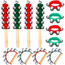 Lukmaa 12 PCS Christmas Hand Jingle Bells Wooden Handle Bells Wrist Band Shaking Bells Stick Musical Percussion Instrument Bells for Xmas Holiday Music Enlightenment Birthday Party Favors(Red, Green)