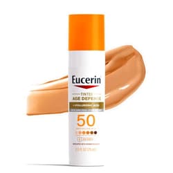 Eucerin Sun Tinted Age Defense SPF 50 Face Sunscreen Lotion, Hypoallergenic, Fragrance Free Tinted Sunscreen SPF 50 with Hyaluronic Acid, 2.5 Fl Oz Bottle