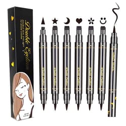 LOKFAR 6 Pcs Double-Side Liquid Eyeliner Stamp Pen Set, Eye Liners for Women Waterproof Eyeliner Pencil Black Eye-liner Stencils Long-Lasting Tattoo Makeup-Triangle,Star,Moon,Heart,Flower,Smiley
