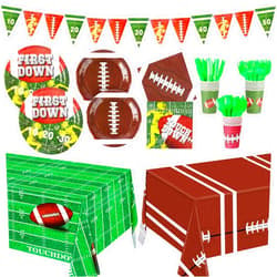 Atiloy 171pcs Football Party Decorations Supplies Kit Serve 24, Includes Paper Plates, Napkins, Cups, Cutlery, Banner and Touchdown Tablecloth for First down Football Birthday Party Tailgate Party Decor